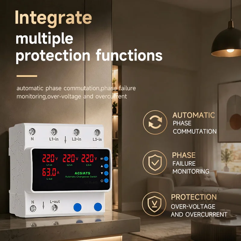 GEYA 100A Three Phase 3P+N Voltage Current Adjustable Over Under Voltage Current Limit Protection Relay Protector Phase Selector
