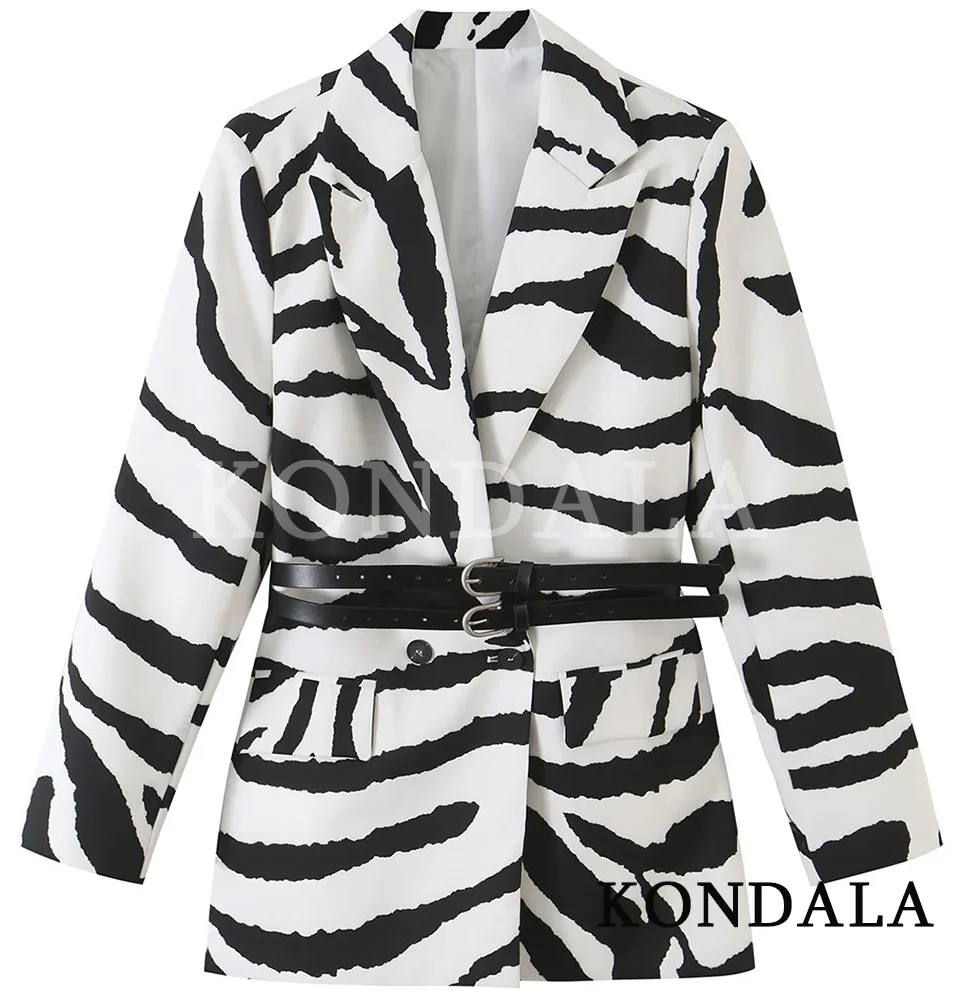 KONDALA Women Trendy Zebra Print Blazer Lapel Double Sashes Blazer New Chic 2026 Fall Winter Party Commute Elegant Lady Jacket