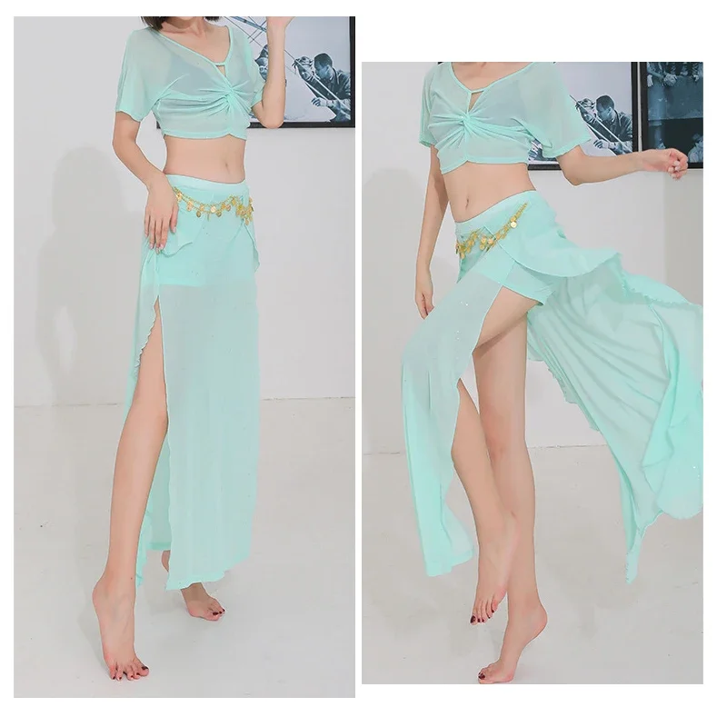 Conjunto de fantasia de dança do ventre brilhante para adultos, 2 peças, tops com saia, feminino, dança do ventre oriental, performance de palco, roupa de dança do ventre