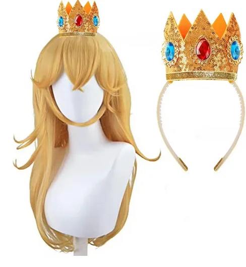 Game Peach Wig Cosplay Princess Wig Peach Crown Cosplay Long Wavy Halloween Peach Costume Party Wigs Cosplay Wig