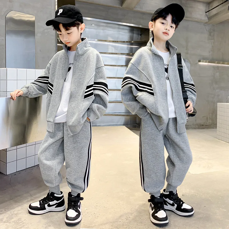 2024 autumn winter Boy tracksuit striped Teenager Clothes jacket zipper hooded + sport Ankle-tied Pant Children set 8 10 12 year