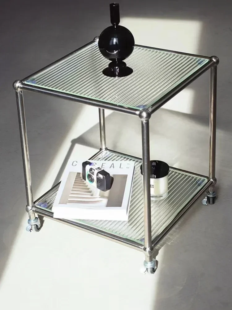 

Modern Tempered Rainbow Glass Sofa Side Table Movable Small Tea Table Trolley Stainless Steel Storage Rack Nordic Bedside Table