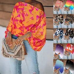 Elegant Women Off Shoulder Blouse Spring New Long Sleeve Office Shirts Tops Summer Fashion Boho Print Loose White Pullover Shirt