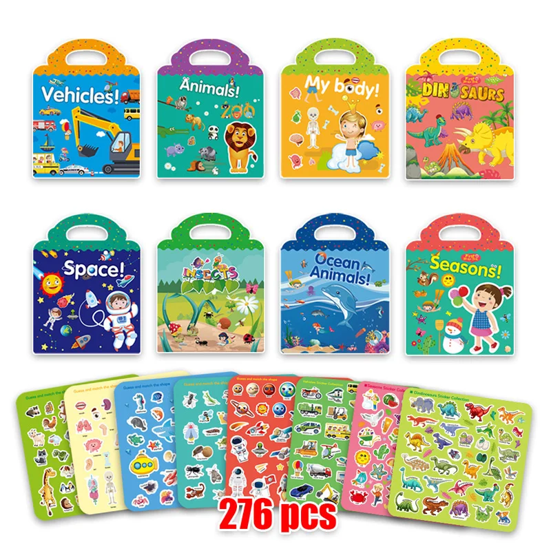 Kids Reusable Sticker Book Multiple Scenarios Cartoon DIY Puzzle Educational Cognition Learning Toys for Child Age 2-6 Gift