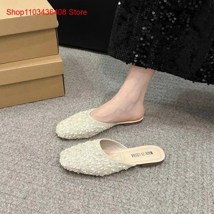 Summer Sequins High-End Temperament Casual Flat Bottomed Cool Slippers Half Flip Flops Shoes for Women