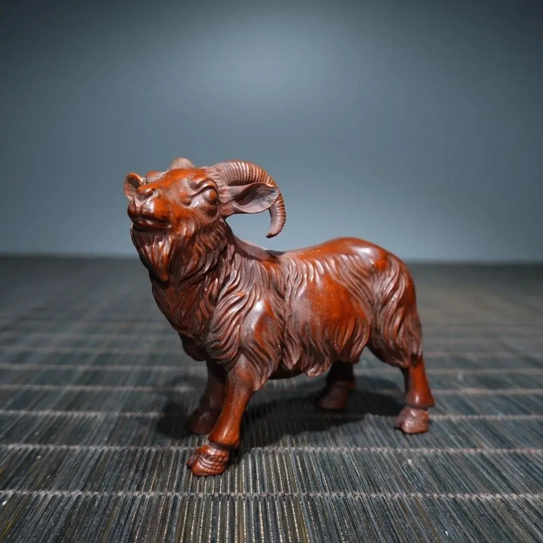 Hand Carved Wood bellwether goat sheep Statue Figurine Desktop Ornaments Home Decoration Crafts Tea Pet Decor