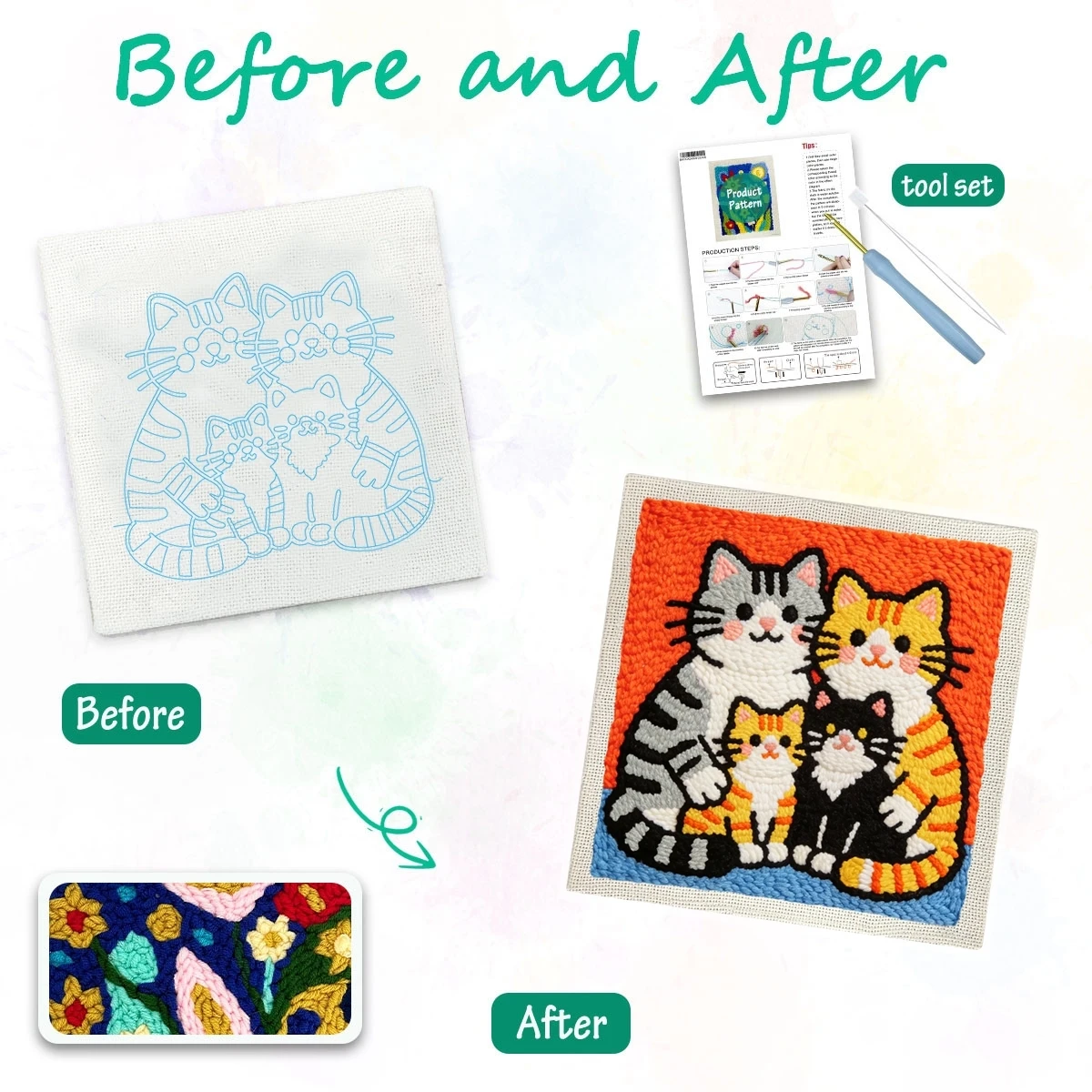 1 Set Katzenfamilie DIY-Stickset für Anfänger, Stick-Starter-Kit, Kreuzstich-Kunstgeschenk, Handarbeits-Bastelset – Detail 1