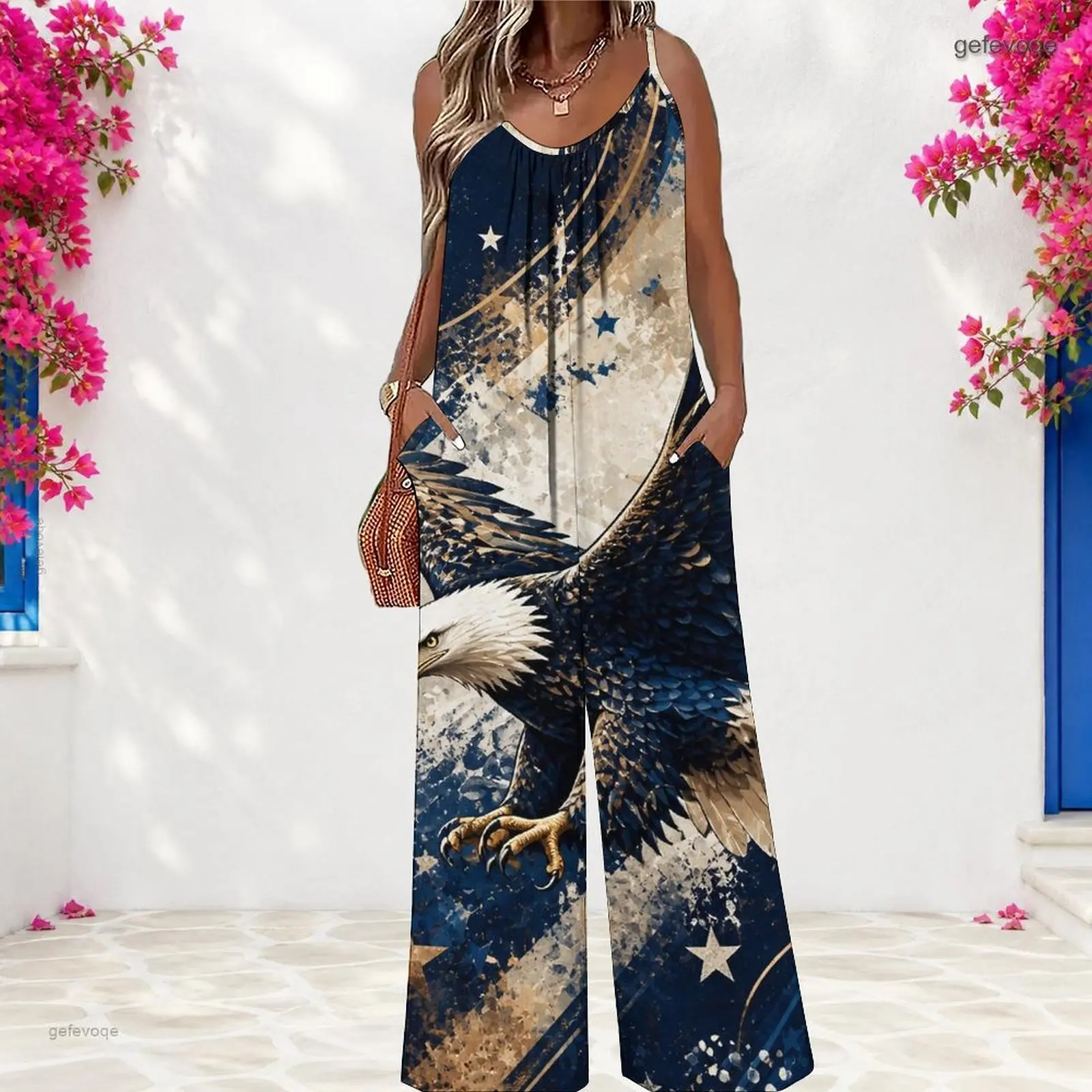 Women Scoop Neck Sleeveless Gathered Front Wide Leg Long Length Pockets Printed Jumpsuit