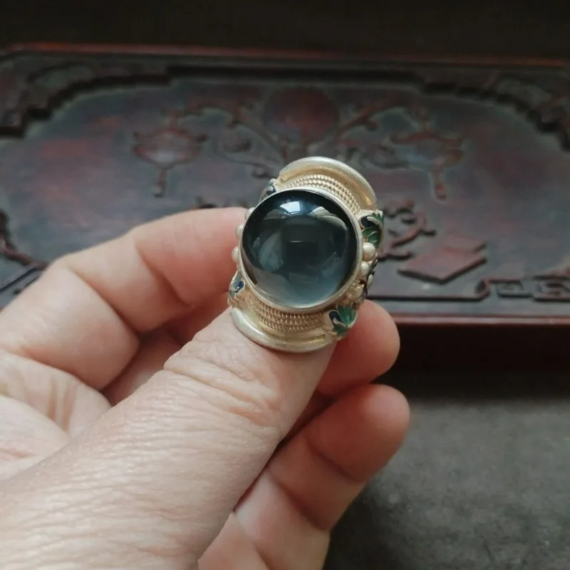 Vintage Old Silver Ring with Aged Patina, Oval Star Gemstone Inlaid Adjustable Antique Collectible Finger Jewelry