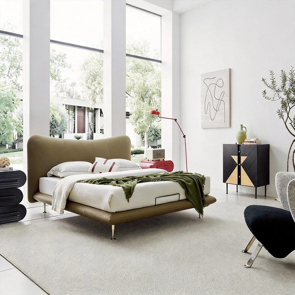 #Modern Leather Bedroom Set With Upholstered Bed Frame Nightstands Dressing Table-Customizable Home Furniture