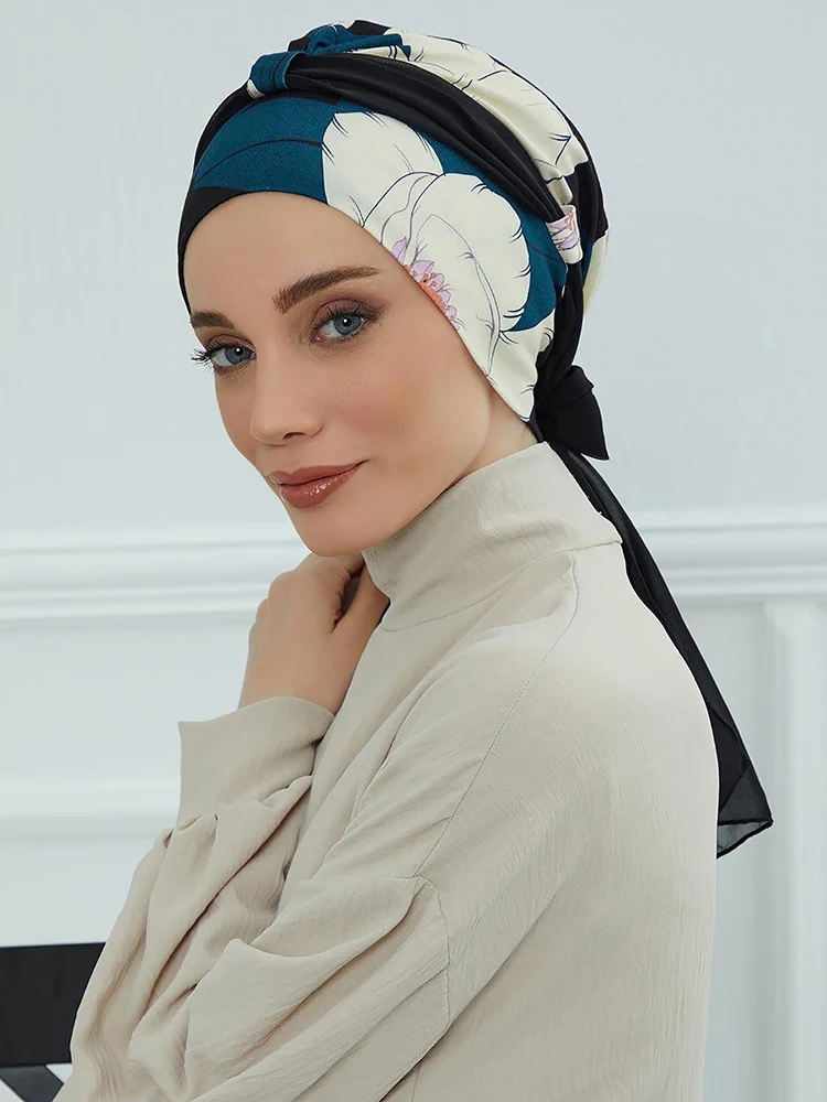 Muslim Instant Turban Woman Hijab Cap Floral Pattern, Strap Design, Adjustable Elasticity