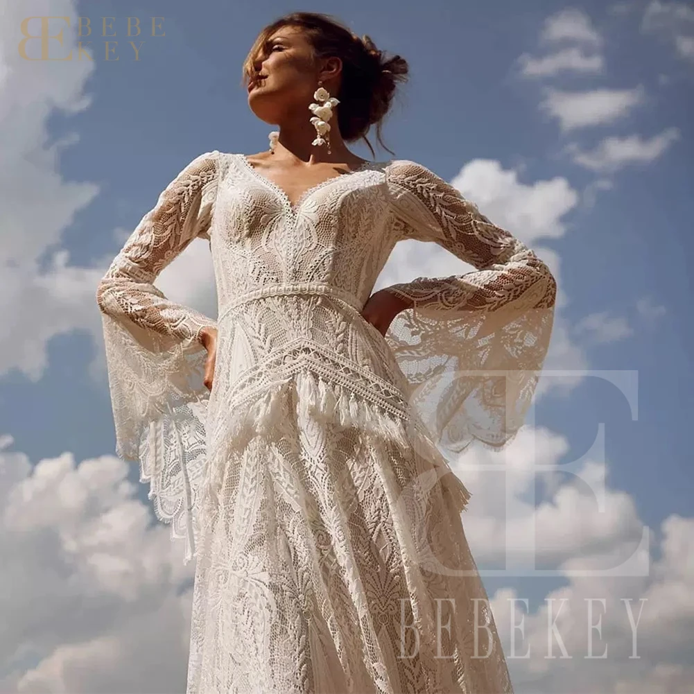 BEBEKEY Hippie Crochet Lace Wedding Dress With Long Sleeve Customized Chic Civil Bohemian Bridal Gown Gatsby Elvish Dress Robe