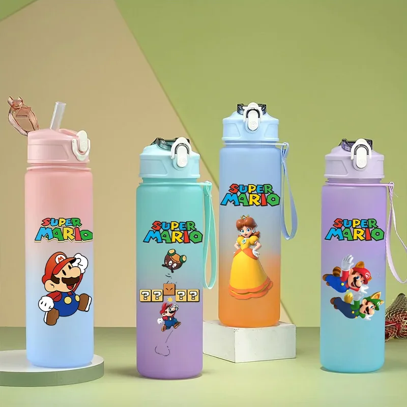 Botella de Plástico Deportiva de Gran Capacidad, 750 ml, Super Mario Bros, Portátil, con Asa y Pajita, Diseño Degradado, Antiderrames, para Estudiantes y Adultos