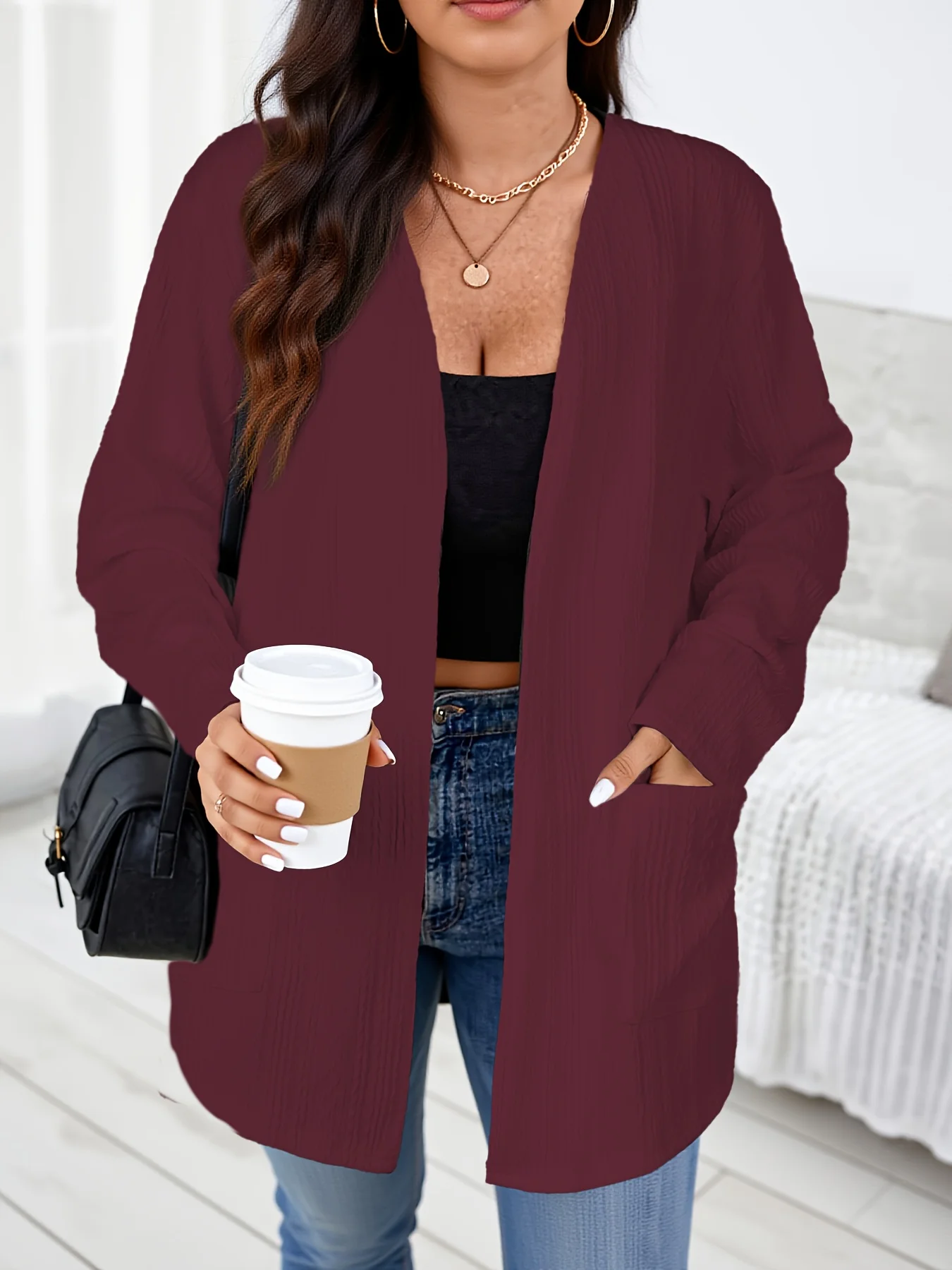 Trendige, gemütliche Damen-Strickjacke in Übergröße mit offener Front und Taschen für mühelosen Stil – Detail 7