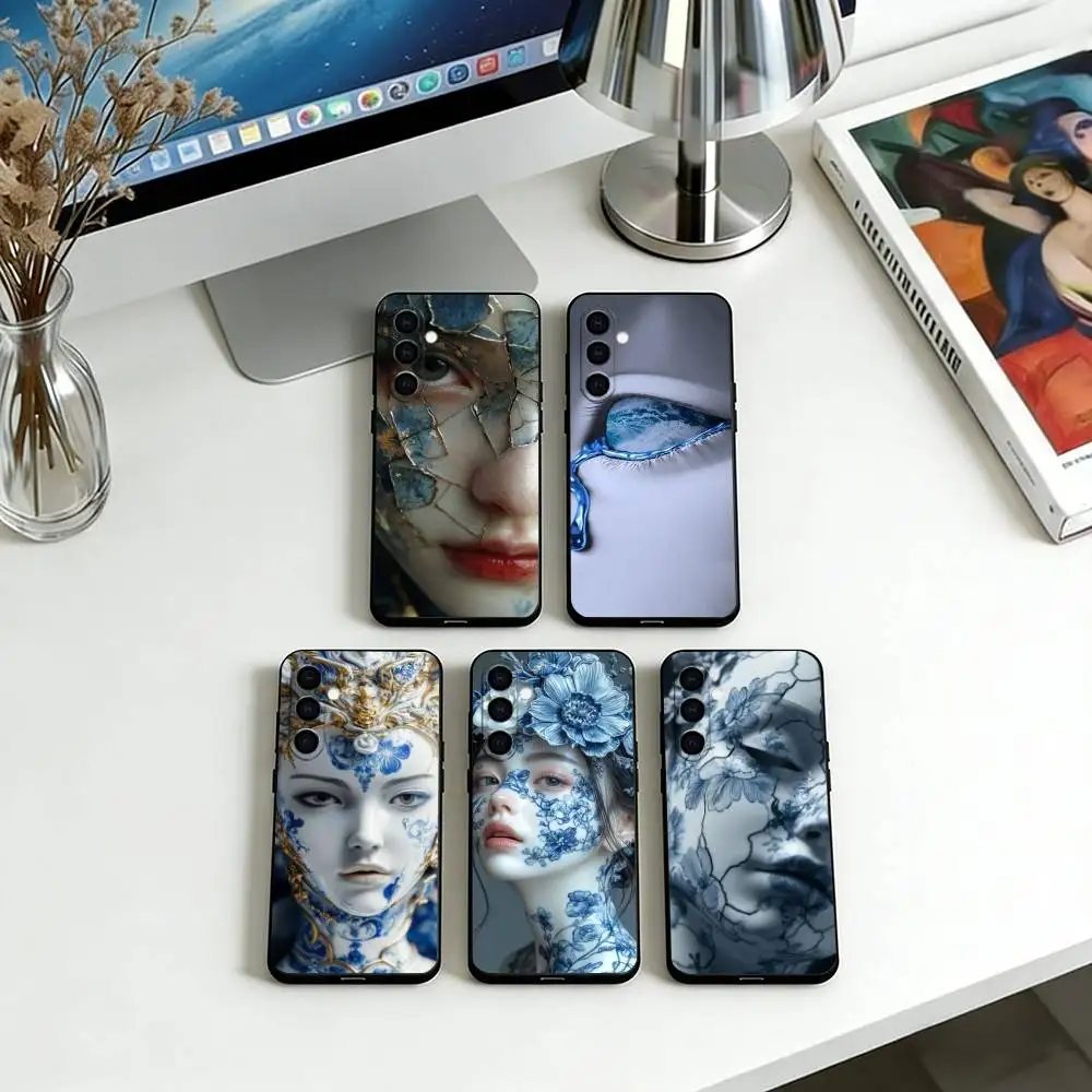 Fractured Celadon Porcelain Phone Case For Samsung Galaxy A73,A72,A71,A70,A53,A52,A51,Soft Silicone Black Cover