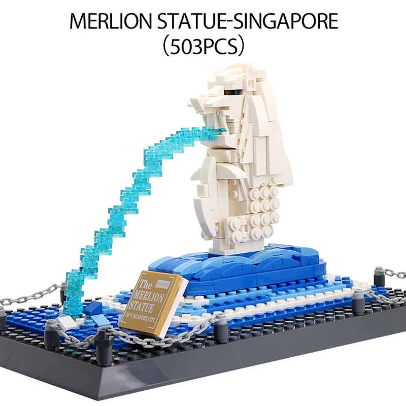 Creative ชุดก่อสร้างสิงคโปร์ที่มีชื่อเสียง Modern Landmark สถาปัตยกรรม Merlion Block ชุดอาคารอิฐของเล่นสําหรับของขวัญเด็ก