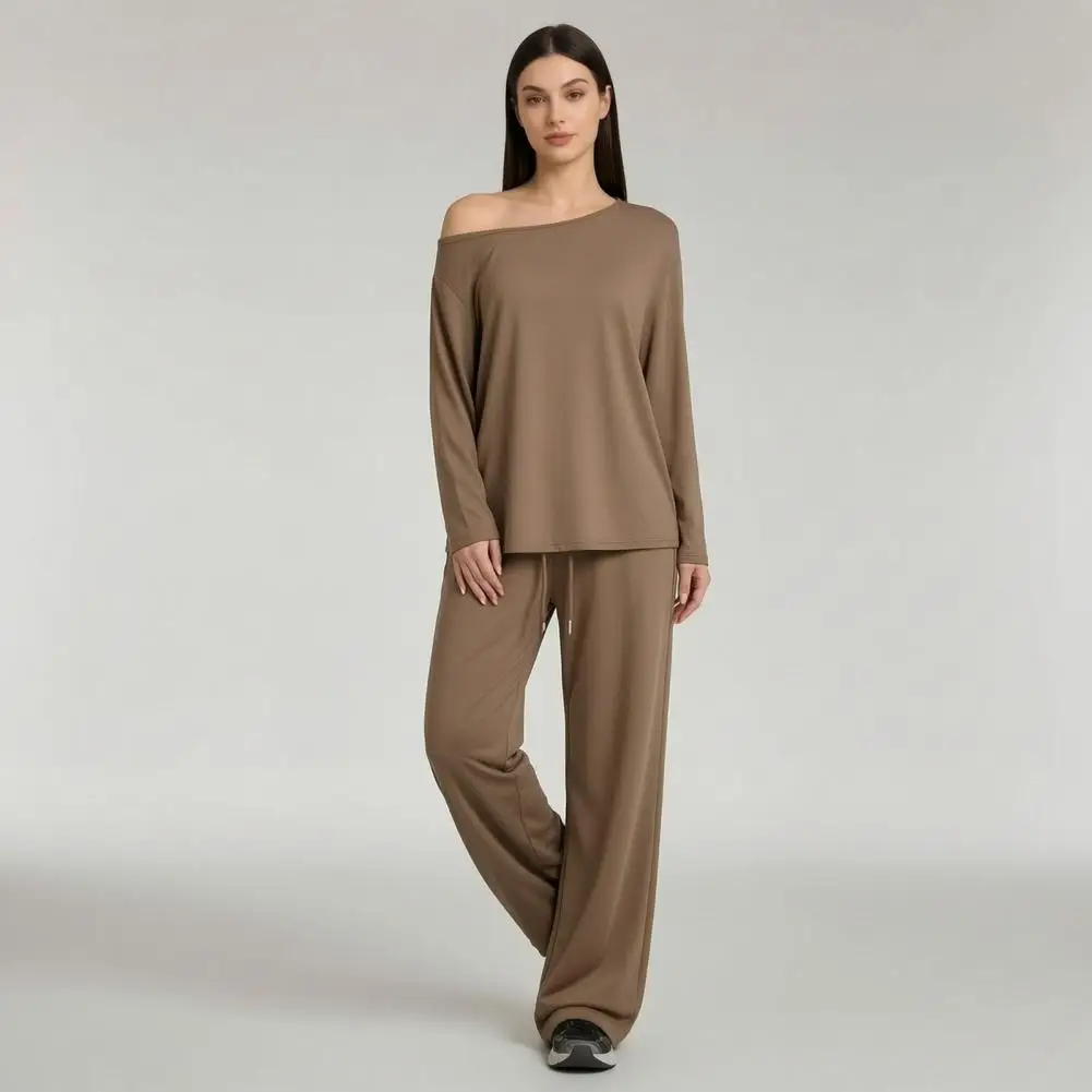 Women Sweatshirt Pants 2-Piece Set, Off Shoulder Long Sleeve Top & Wide Leg Trousers, Solid Color Matching Lounge Set