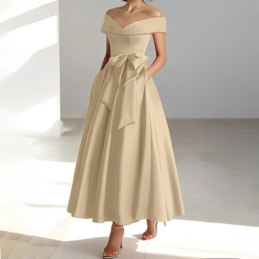 A-Line Mother of the Bride Gowns Sweetheart Neck Bow Sleeveless Ankle Length Open Back Lace Up Back Formal Occasion Gowns