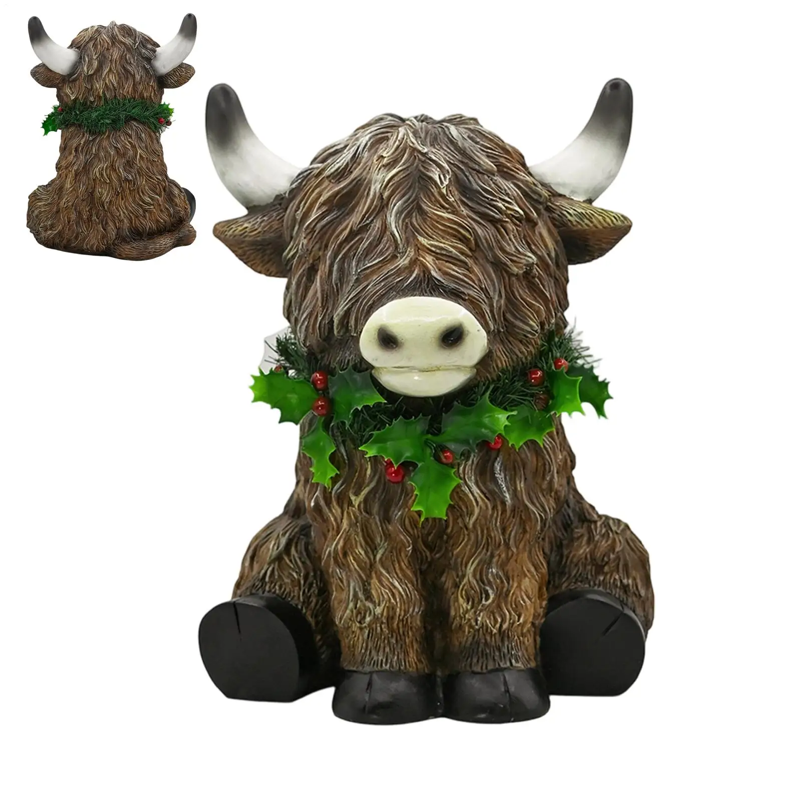 Christmas Highland Cow Ornament Resin Cattle Mantel Accent Sculpture With Holly Berry Garlands Christmas Home Decor