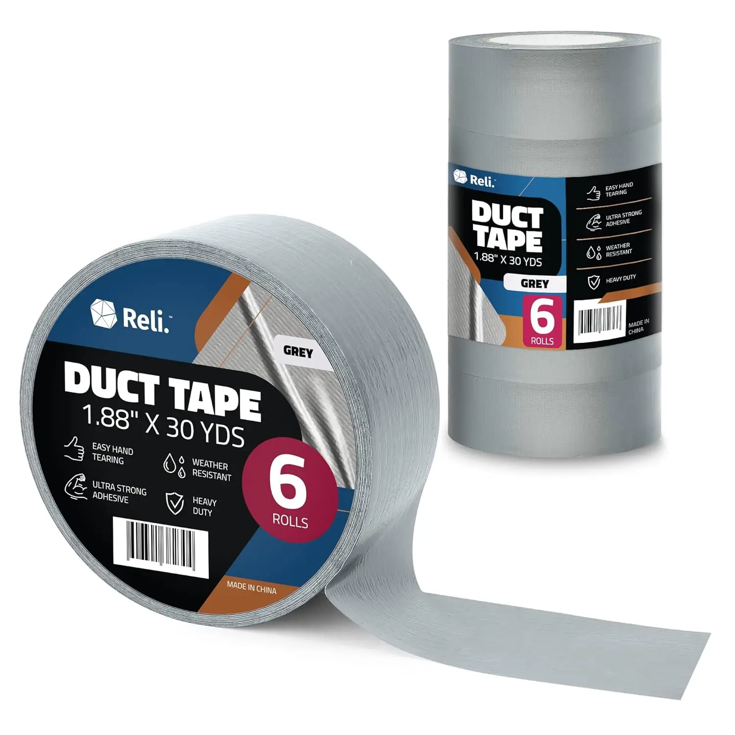 

Duct Tape, Grey | 1.88" x 180 Yards Total (6 Rolls, 30 Yds Each) |Heavy Duty Duct Tape - Water of, Tear by |Silver D