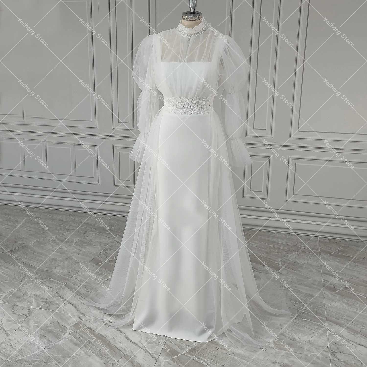 Two Pieces Vinage High Collar Wedding Dress with Satin Slip Dress Pleated Tulle Jacket Lace Open Back Customized Bridal Gowns