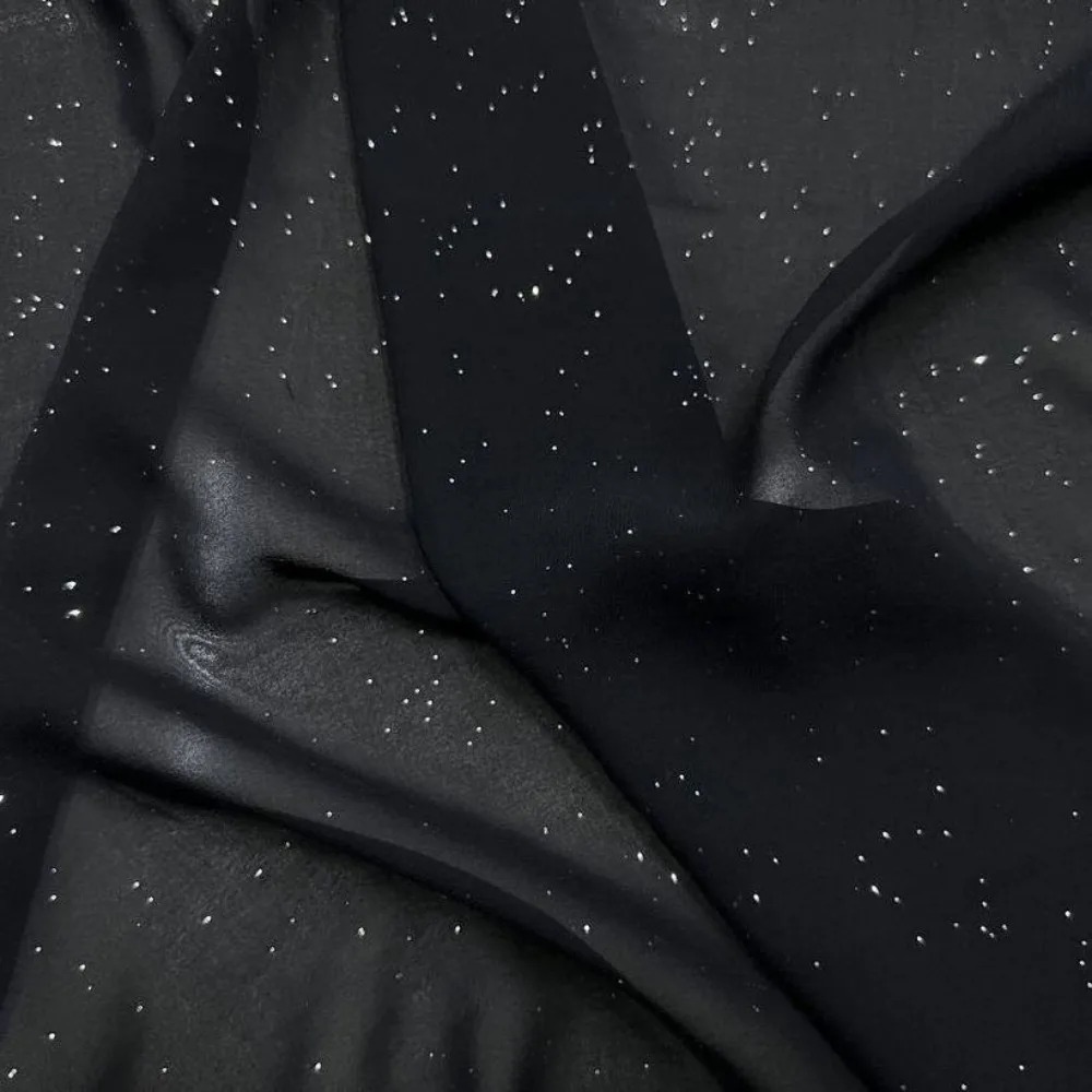 Chiffon Fabric Spring and Summer Tops Designer Pants Black Translucent Base Shiny Silver Foil Hot Stamped Chemical Fiber Fabric