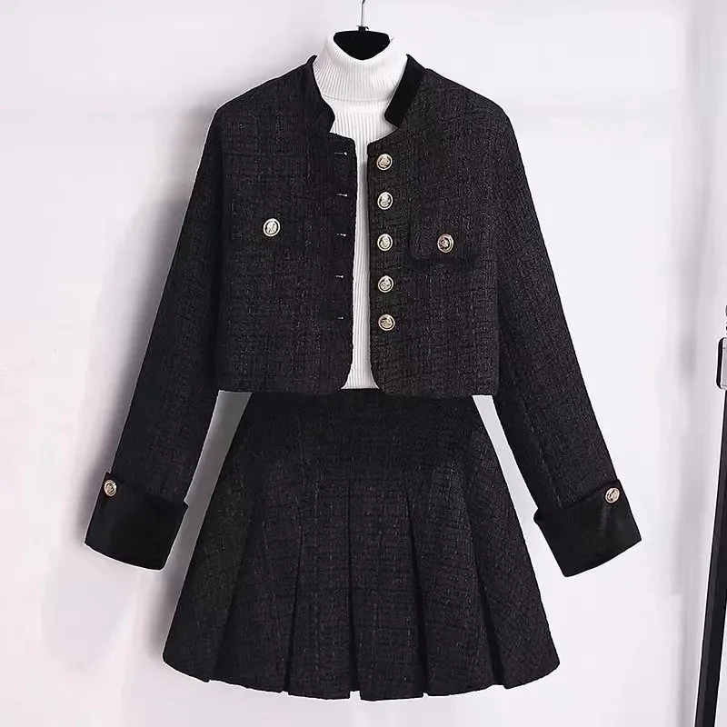 Skirts Sets Spring Autumn Female Small Fragrant Style Red Outfit Korean Women Fashion Short Jacket + Pleated Skirts Suits 2PCS
