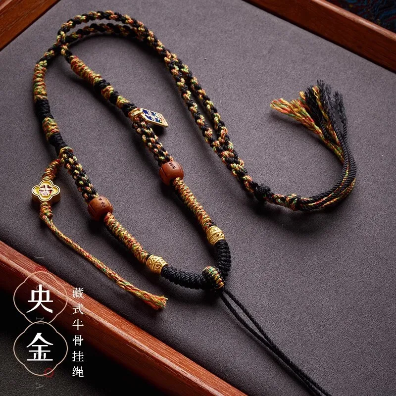

Tibetan Hand Woven Four Strand Colorful Tangka Pendant Buddha Brand Necklace Honey Wax Jade Hanging Rope Sweater Chain Lucky Je