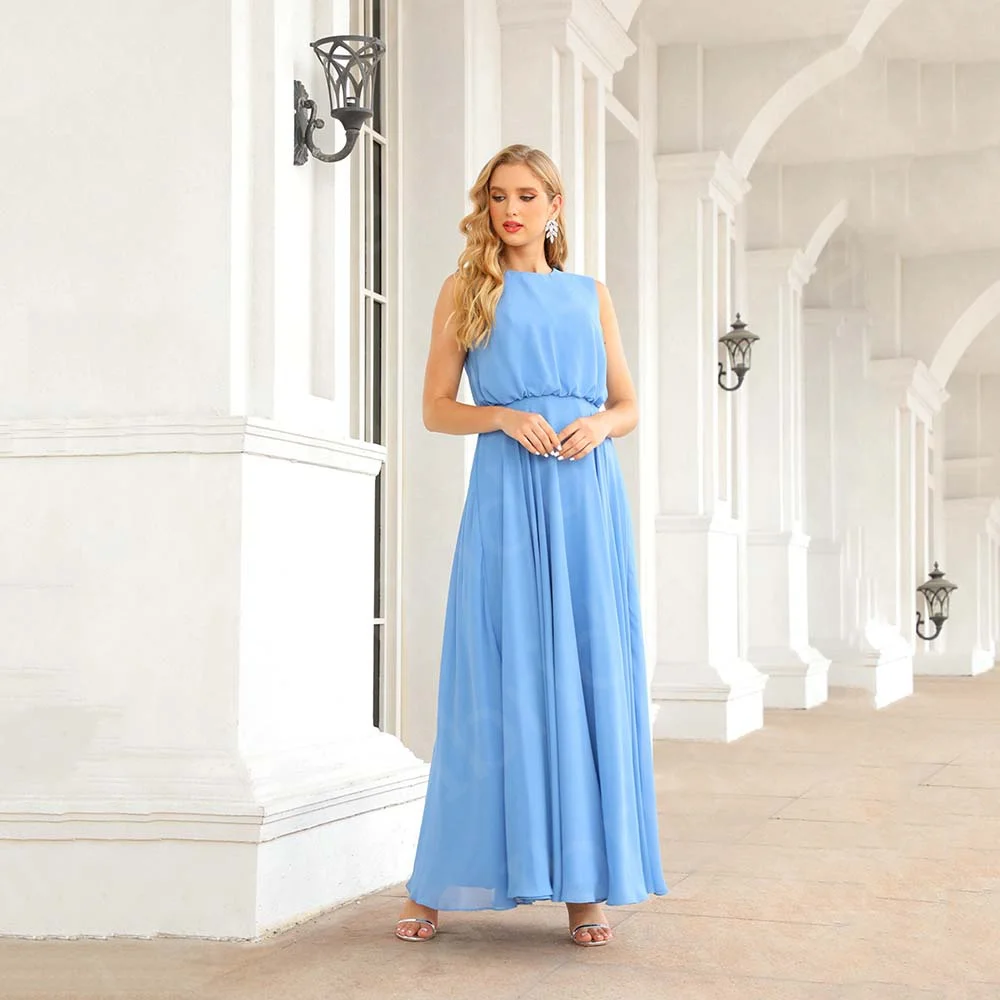 

2022 New Arrival Blue Mother of the Bride Dresses Chiffon Sleeveless Dress Round Neck Wedding Guest Gowns Full Length