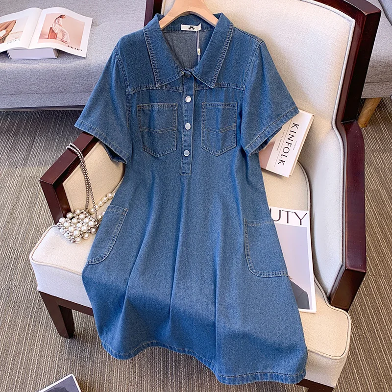 

2026 New Plus Size Ladies Denim Dress, Retro Hong Kong Style Polo Collar Half Button Down Casual Fashion Dress