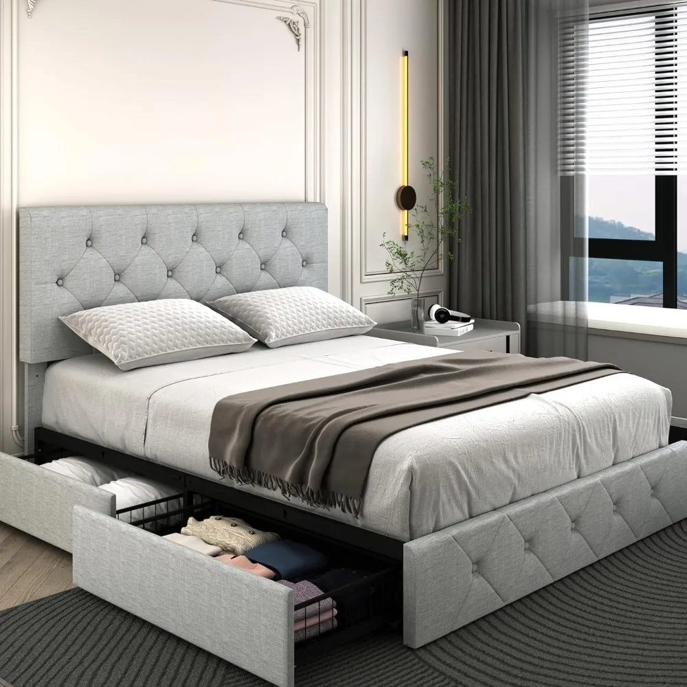 

King-size Bed Platform with 4 Storage Drawers, Adjustable Tufted Button Linen Headboard, No Need for A Box-spring