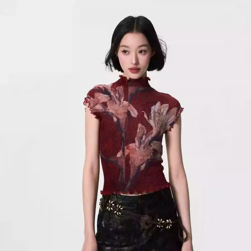 Y2k Printed Folds Tshirts Women 2025 Summer Half High Collar Slim Fit Short Sleeve Crop Tops Harajuku Ropa De Mujer Ins