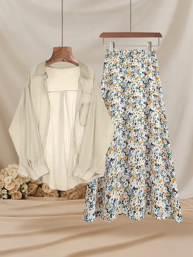 

Sun Protection Shirt Thin Semi-Transparent High Waist Half-length Skirt Floral Print Summer Commute Two-piece Set for Women