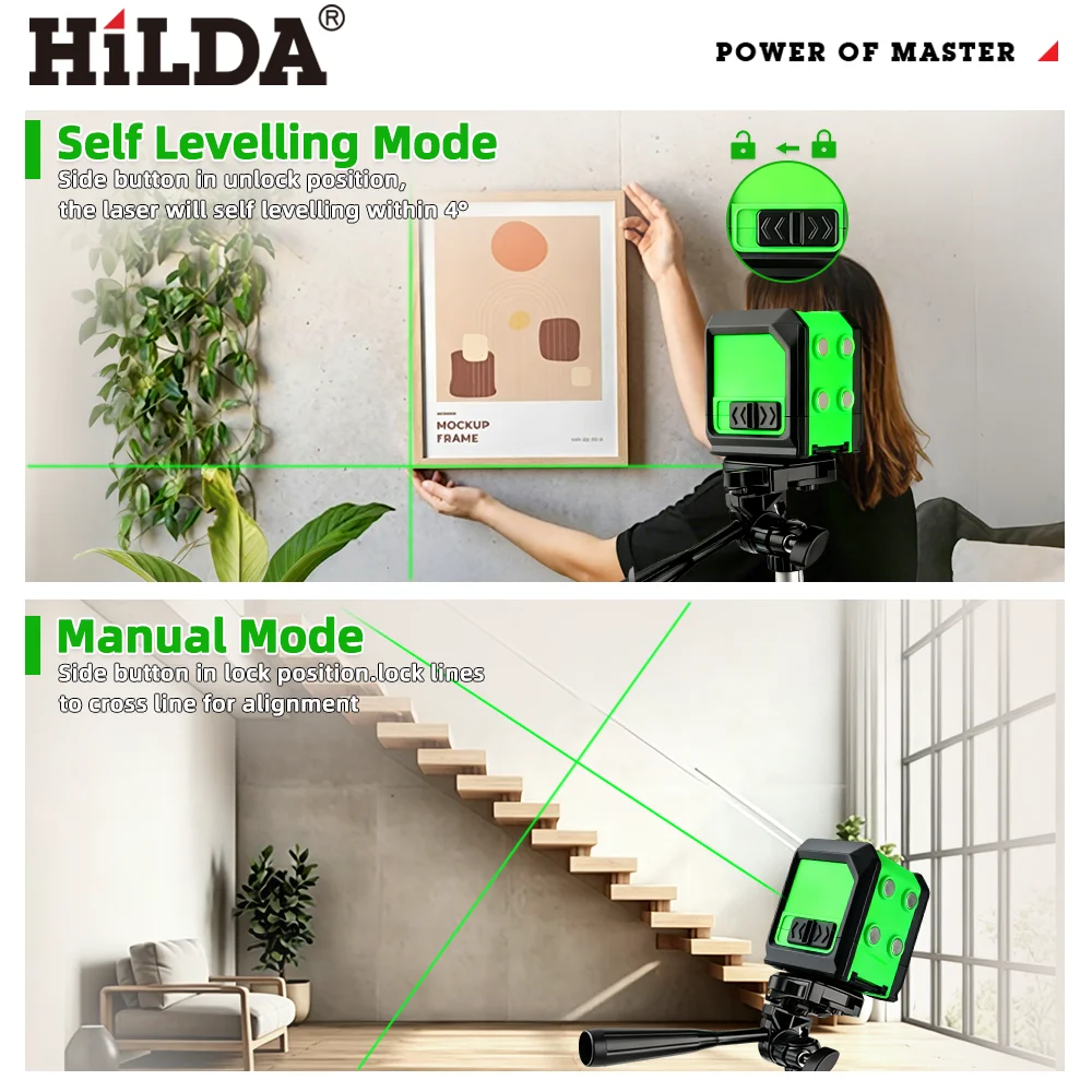HILDA 2-Linien Grüner Laser-Nivellierer mit Magnet Selbstnivellierend Tragbares Werkzeug für Bildaufhängung Wandkunst & Rahmenmontage – Detail 6