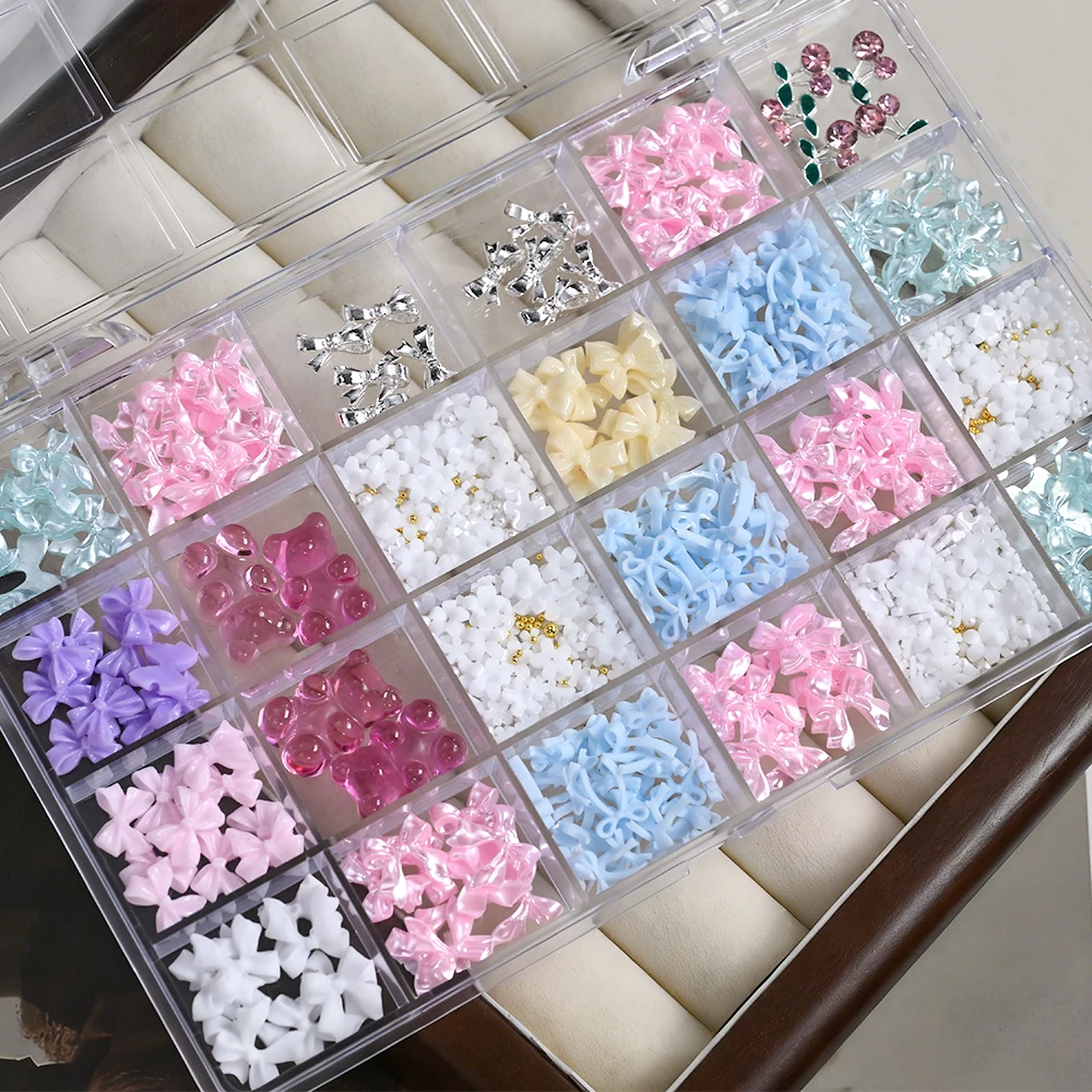 24Grids Macaron Colors Resin Bow Nail Charms Gummy Bears Zircon Cherry Nail Decorations Sweet Ribbon Bow Women DIY Manicure Part