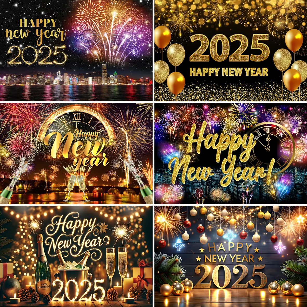 2025 New Year's Eve Family Party Photography Background City Night Blooming Fireworks Clock Countdown Pattern Banner Backdrops