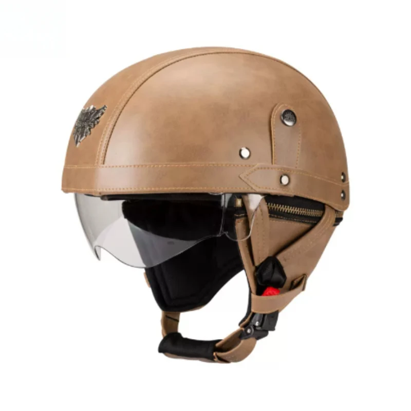 Light Retro German Style Leather Half Helmet Breathable Airflow Open Face Motorcycle Helmet Comfort Wear Classic Casco Moto