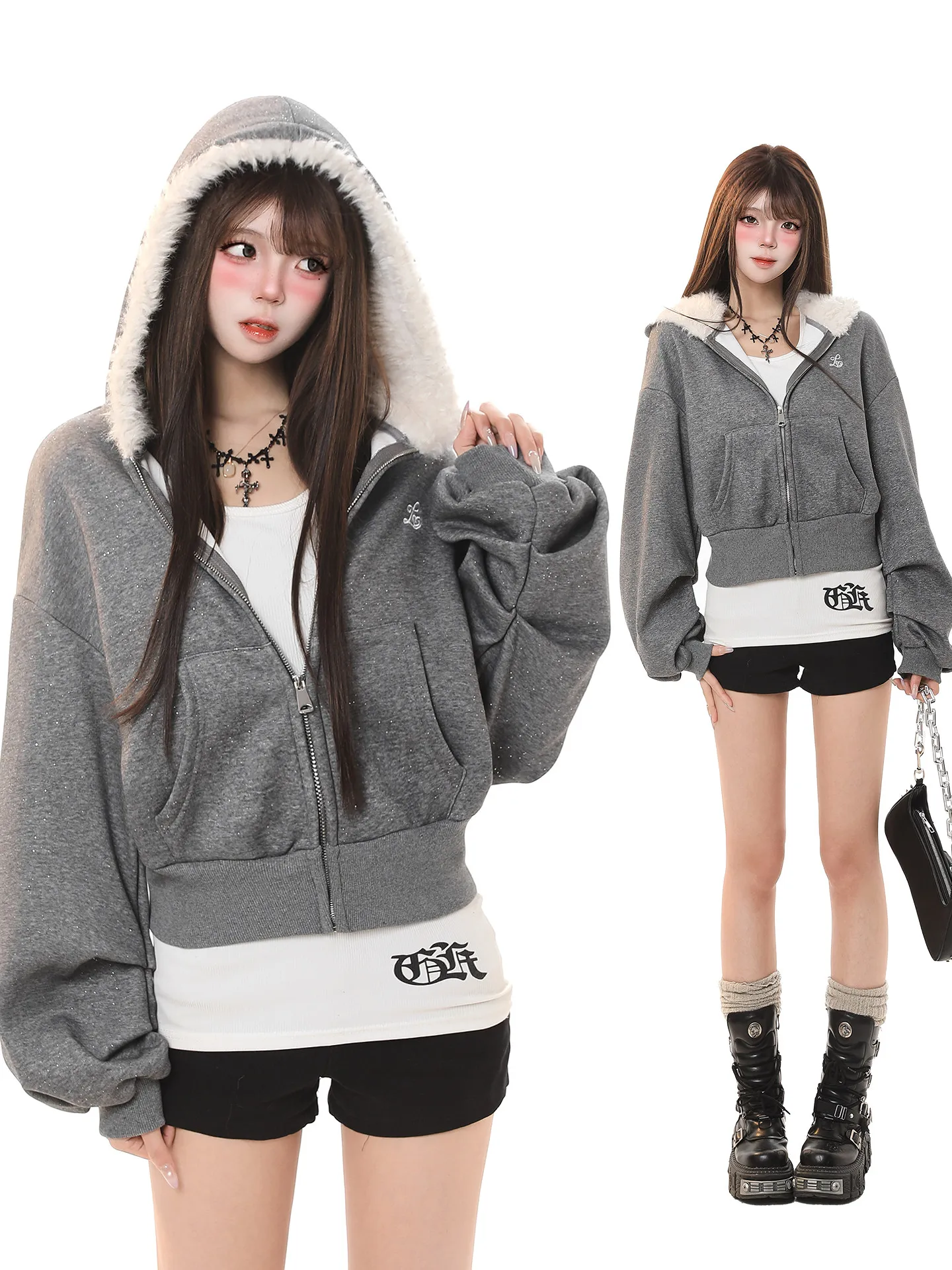 

Retro American Lamb Velvet Hoodie Women's Autumn Winter Slim Fit Warm ort Coat Fce Lined Casual Sle Zipper Closure