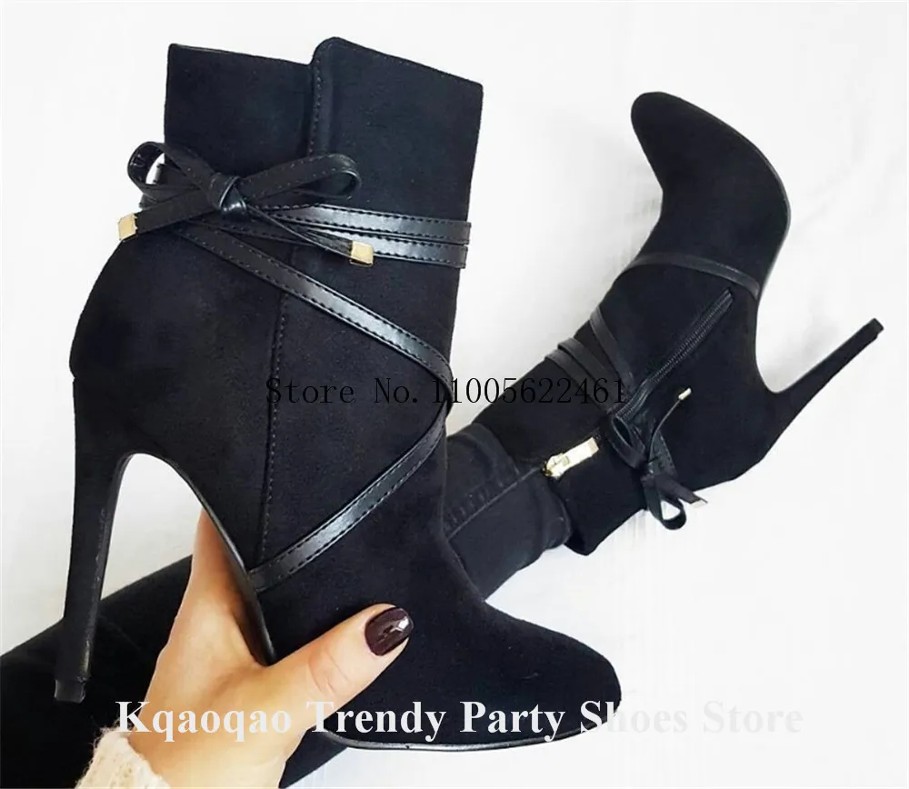Kqaoqao Black Red White Suede Stiletto Heel Short Boots Round Toe Lace-up Thin Heel Ankle Booties Big Size Boots