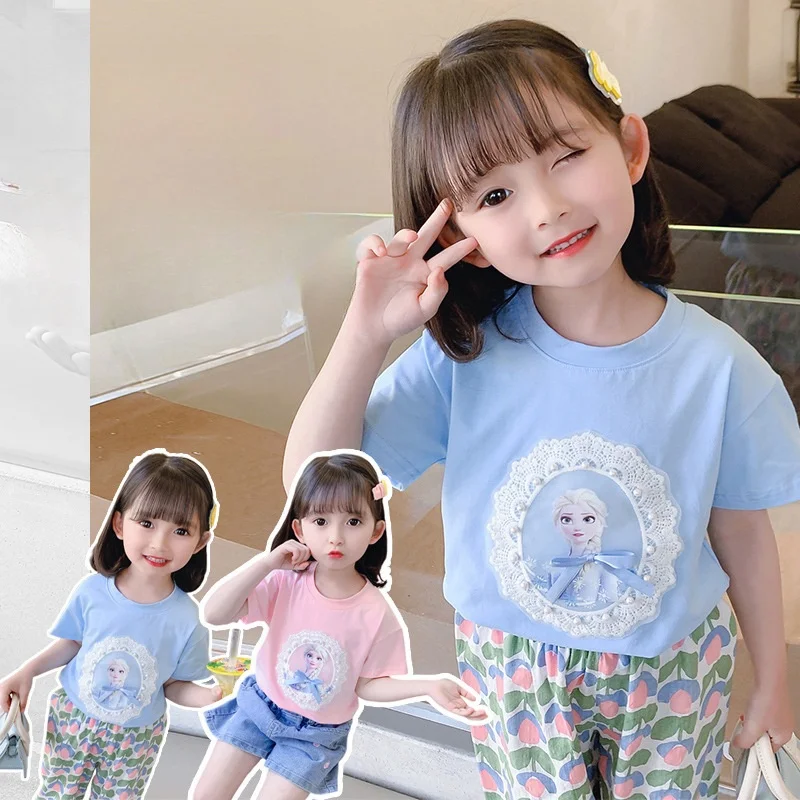 Summer New Children's T-shirt Cute Cartoon Elsa Princess Top Versatile Western Trend Women's Treasure Trend