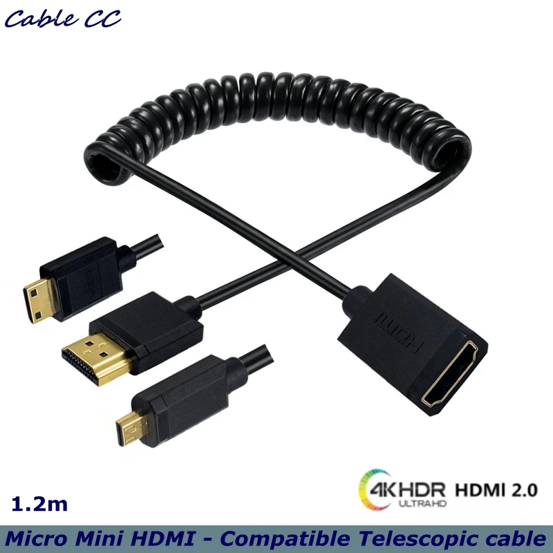 4K 60Hz 2.0 Version HDMI-compatible Female Cable to Micro Mini HDMI-compatible Male HD Cable 1.2m Expansion Spring