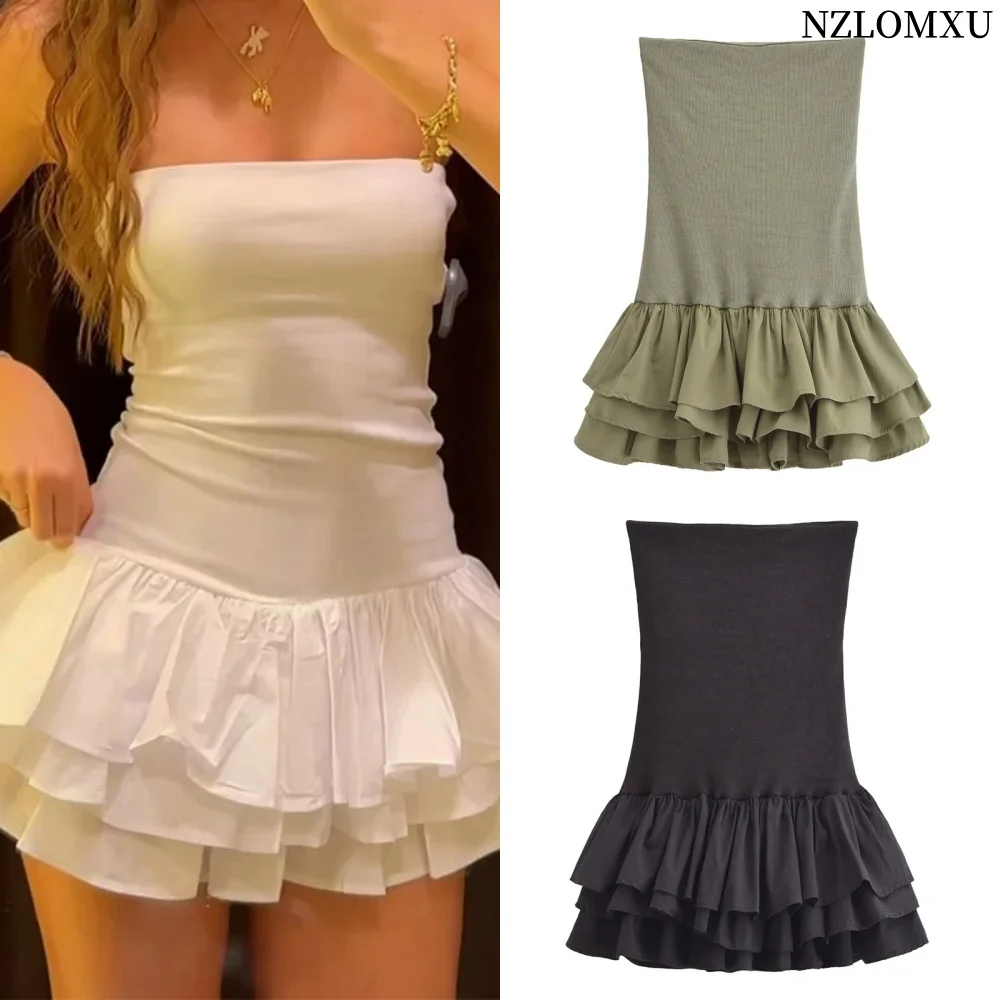 Mini abito senza spalline con spalle scoperte Abito bianco nero con volant lavorato a maglia Abiti corti sexy senza schienale estivi Abiti da festa audace