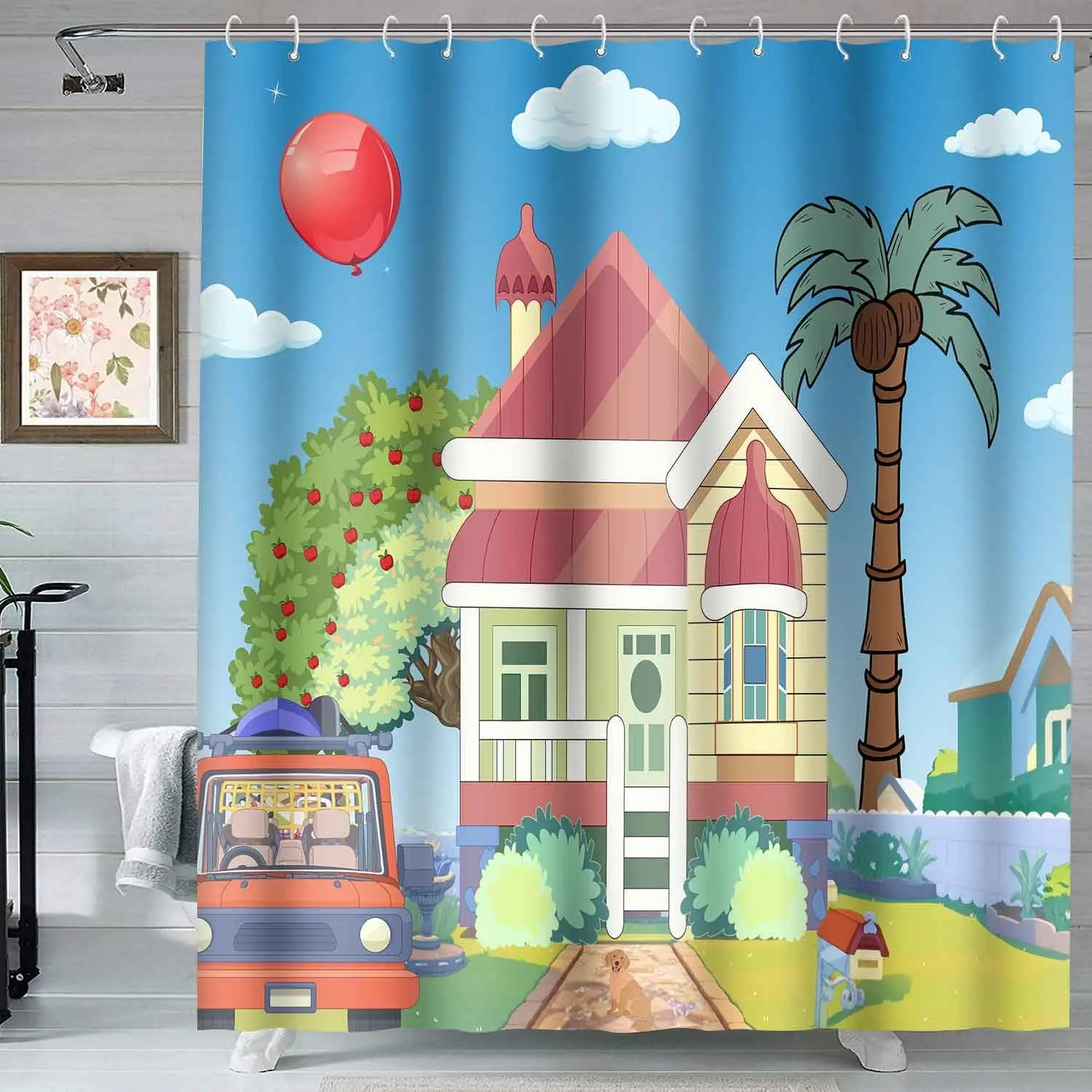 

Детская занавеска для душа, синий фон, детская тема воздушного шара, декоративная занавеска для душа для девочек и мальчиков, декор для ванной комнаты, милый красочный
