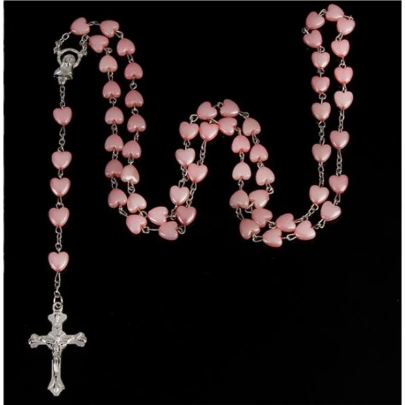 Catholic Porcelain Pink Love Rosary Prayer Necklace Mary Rosary Prayer Necklace Porcelain Pink Heart-Shaped Beads