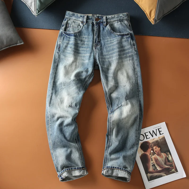 

Мужские джинсы Heavyweight Waed American Retro Denim Slim Fit: повседневные прямые брюки для молодежи, весна