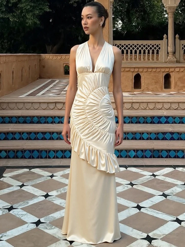 

Trendix 2026 Elegant Evening Dress For Women Fashion Patchwork Sleeveless Flower Dresses Party Sexy Backless Long Ruffle Dress