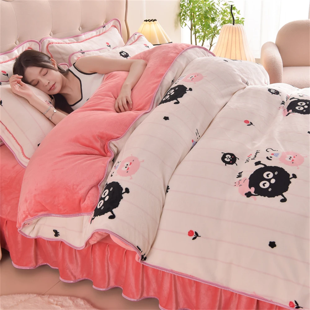 Winter Thickened Milk Fleece Bedding Set Double-Sided Coral Velvet Four-Piece Set Light Luxury Duvet Cover Pillowcase Bed Sheet