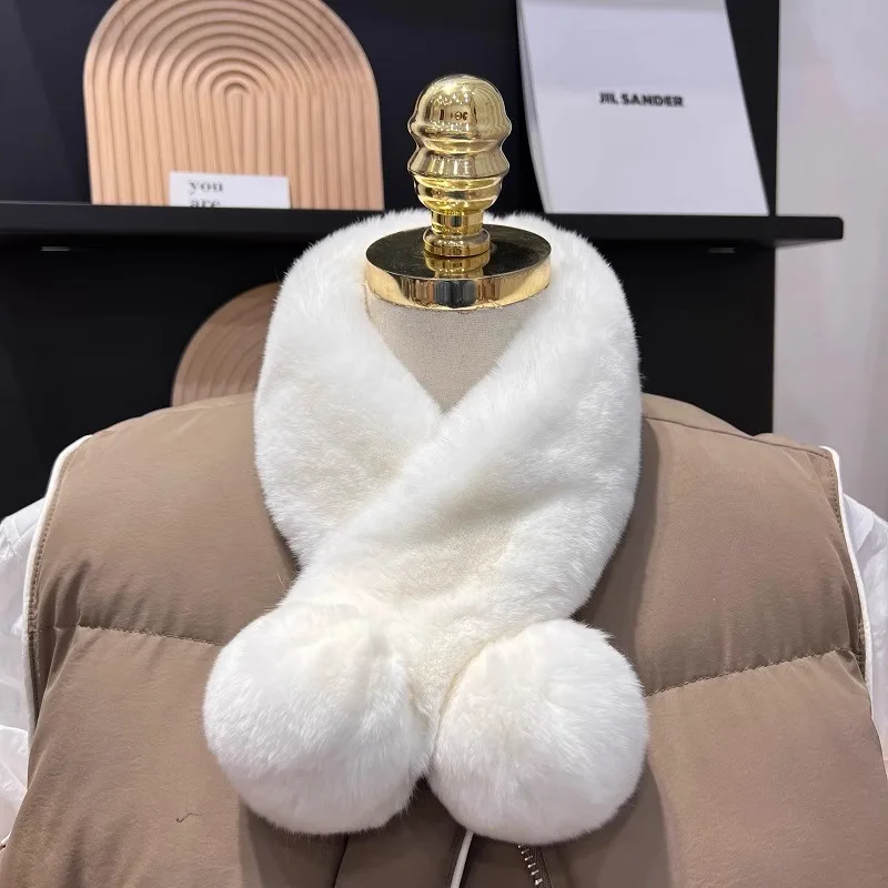 

Real Rex Rabbit Fur Ball Cute Nekerchief Winter Warm Double Sided Thickened Fur Scarf Magnet Button Natural Fur Collar