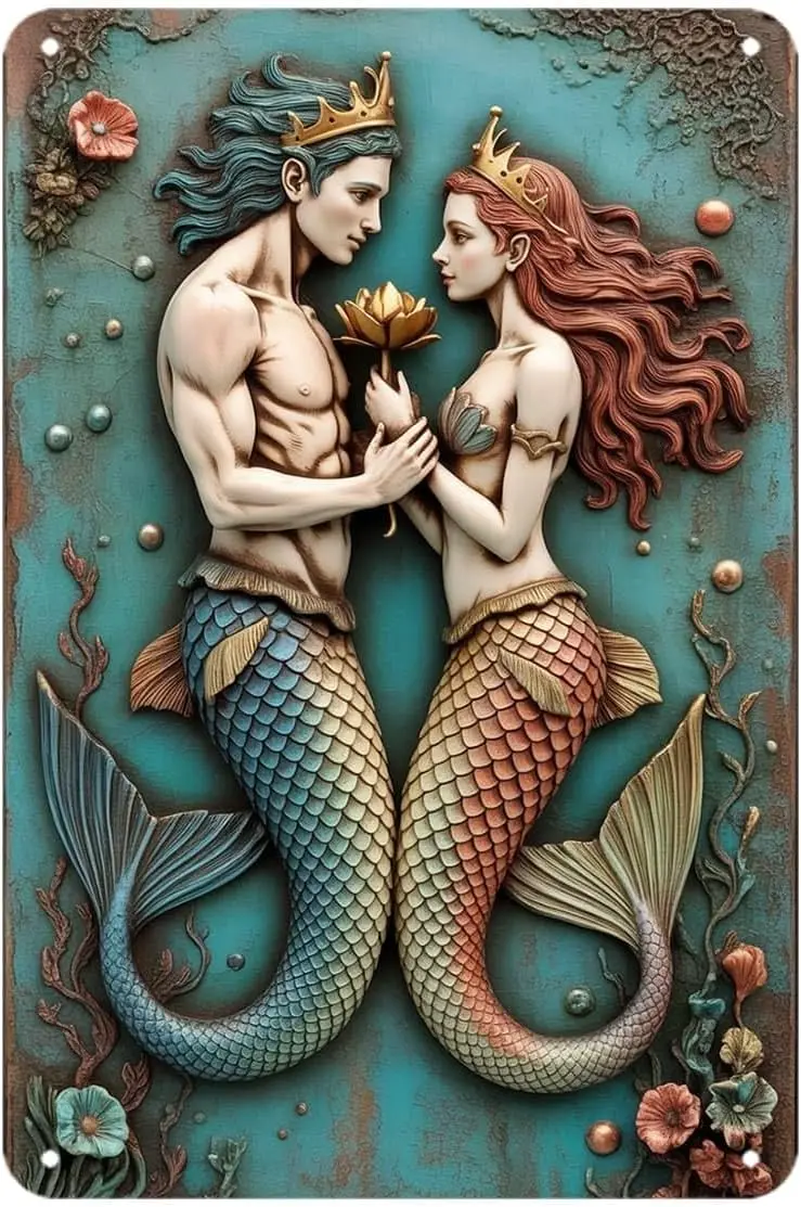 Mermaid Couple tin sign Romantic Ocean Love Fantasy Vintage Metal Sign Wall Art for Home Bedroom Kitchen Bar Garden Yard & P