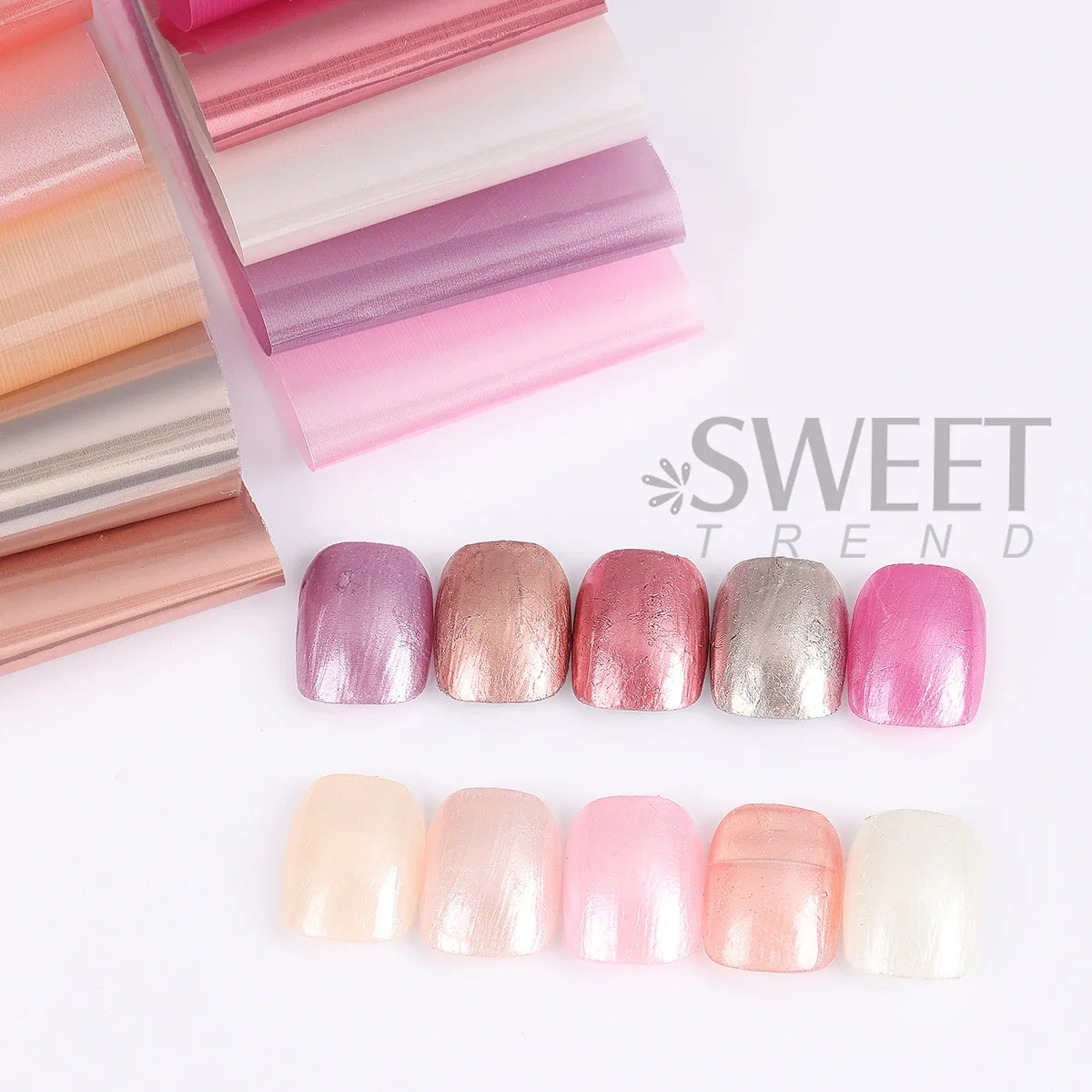 Folhas de transferência de unhas espelhadas rosa puro, estilo de metal gradiente, design doce, cobertura completa, impressão, adesivos de manicure de verão com 10 peças